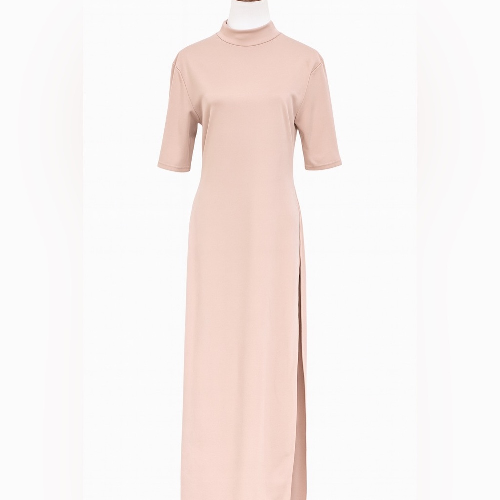 Blush Minimalist Maxi With Dramatic Side Slit | Soft Mock Neck | Size 44